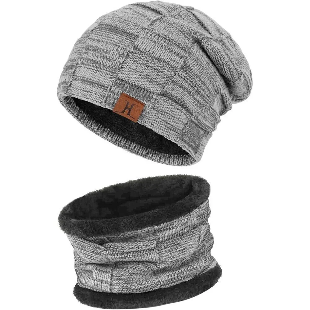 Men's Grey Winter Warm Knit Skull Cap Neck Warmer Fleece Lined Hats Scarf Set